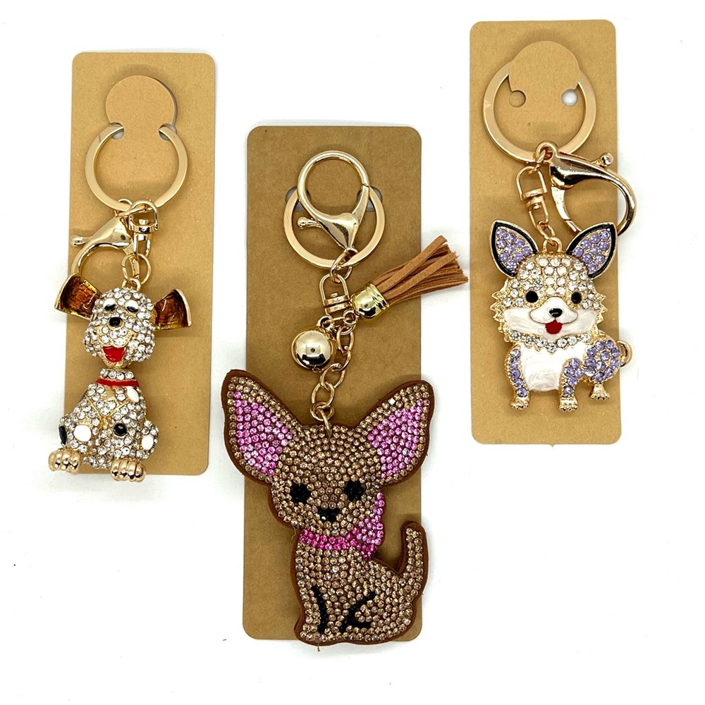 Bundle 3 Crystal Dog Keychains Bag Charms
